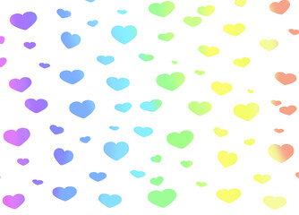 Multicolored gradient bright hearts on a white background, isolates. Pastel palette, shade of grey, horizontal picture.
