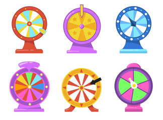 Colorful fortune wheel flat item set. Cartoon gambling roulette with arrows for internet casino isolated vector illustration collection. Lottery and prize winning concept