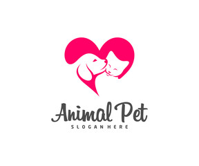 Pet Love Logo dog cat design vector template. Animals Veterinary clinic Logotype concept outline icon.
