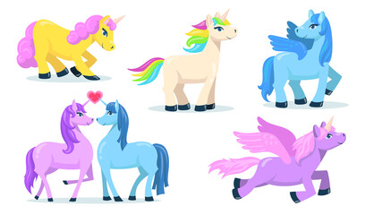 Little cute Pegasus and unicorn flat set for web design. Cartoon magic ponies for princess isolated vector illustration collection. Fantasy for child and animals concept