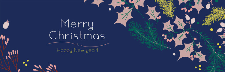Vector floral decoration with Christmas botanical pattern for festive background. New Year wallpaper design. Xmas fair flyer with organic flat decorations. Template banner of winter sale.