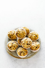 Freshly baked homemade muffins with hazelnut and with chocolate. Copy space.