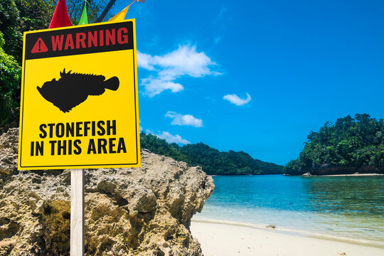 A stonefish warning sign at a rocky beach. A stern warning for barefoot bathers. Tropical beach setting.