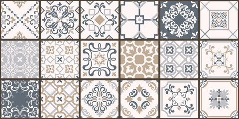 Collection of 18 ceramic tiles in turkish style. Seamless colorful patchwork from Azulejo tiles. Portuguese and Spain decor. Islam, Arabic, Indian, Ottoman motif. Vector Hand drawn background