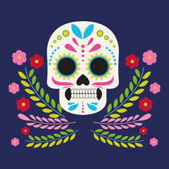 dia de los muertos celebration poster with skull head and flowers