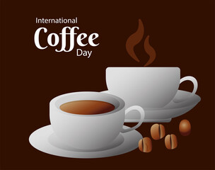 international coffee day poster with ceramic cups and beans