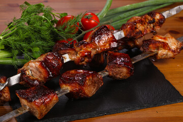 Pork shashlik kebab on the sticks