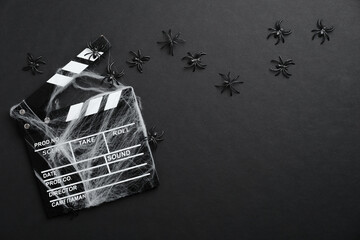Halloween scary movie concept. Flat lay composition with clapper board, spider web, spiders on...