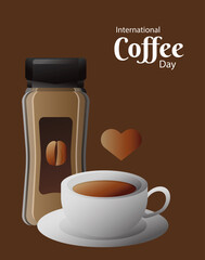 international coffee day poster with pot product and cup and heart