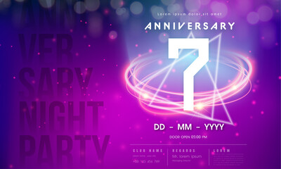7 years anniversary logo template on purple Abstract futuristic space background. 7th modern technology design celebrating numbers with Hi-tech network digital technology concept design elements.