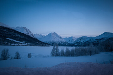 Panoramic View of Frozen Landscape with Snow Covered Mountain