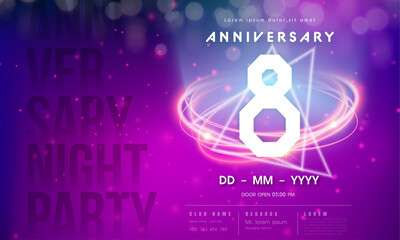 8 years anniversary logo template on purple Abstract futuristic space background. 8th modern technology design celebrating numbers with Hi-tech network digital technology concept design elements.