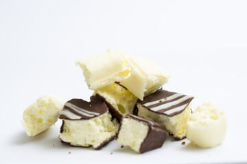 Dark chocolate covered spongy banana cream