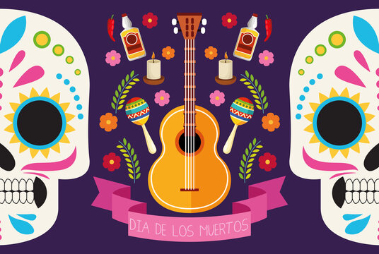 dia de los muertos celebration poster with skulls couple and set icons