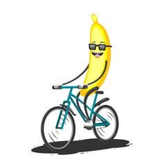 Cartoon character banana with glasses rides a Bicycle on a white isolated background. Vector image