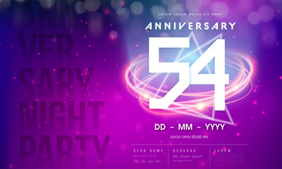 54 years anniversary logo template on purple Abstract futuristic space background. 54th modern technology design celebrating numbers with Hi-tech network digital technology concept design elements.
