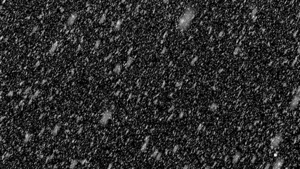 Snowfall on black background. Realistic blizzard overlay texture. Defocused snowflakes in motion. Alpha mask element for winter design.