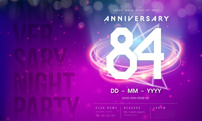 84 years anniversary logo template on purple Abstract futuristic space background. 84th modern technology design celebrating numbers with Hi-tech network digital technology concept design elements.