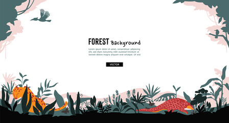 Vector illustration of forest background with copy space for text. Nature panoramic background with forest trees, plants, and wild animals.