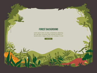 Vector illustration of forest background with copy space for text. Nature frame with forest trees, plants, and wild animals.