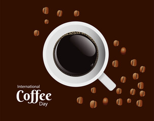 international coffee day poster with coffee cup and grains air view