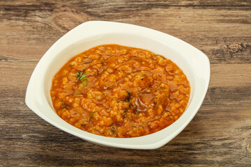 Traditional Georgian Kharcho soup with meat