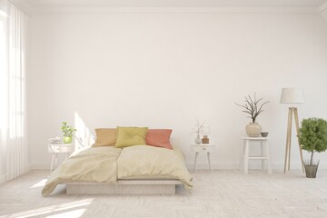 White bedroom interior. Scandinavian design. 3D illustration