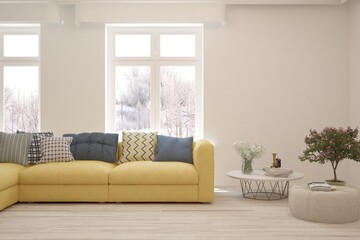 White living room with sofa and winter landscape in window. Scandinavian interior design. 3D illustration