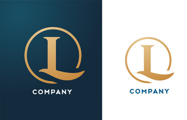 L alphabet letter logo icon in gold and blue color. Simple and creative golden circle design for company and business