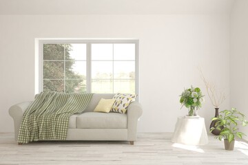 White living room with sofa. Scandinavian interior design. 3D illustration