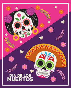 dia de los muertos celebration poster with skulls couple and flowers