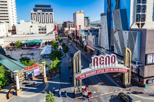 The Reno Arch in Reno, Nevada. The original arch was built in 1926 to commemorate the completion of the Lincoln and Victory Highways.