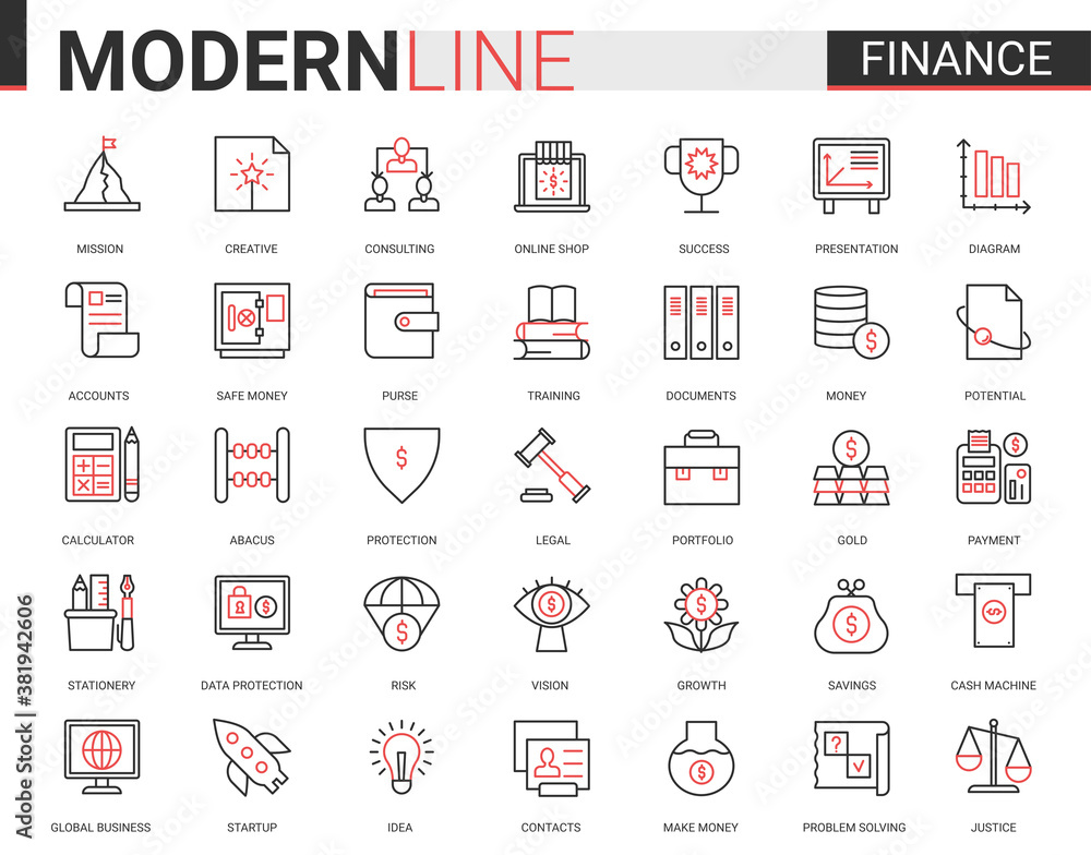 Poster Finance flat thin red black line icon vector illustration set with outline financial business symbols collection of commerce analysis technology, economic data consulting and analyzing bank account.