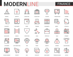 Finance flat thin red black line icon vector illustration set with outline financial business symbols collection of commerce analysis technology, economic data consulting and analyzing bank account.