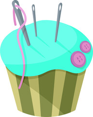 cute needler in pastel colors in the shape of a cake with three needles, thread and two buttons
