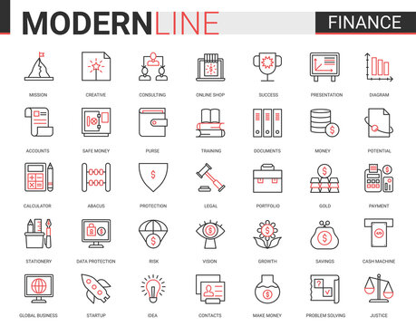 Finance flat thin red black line icon vector illustration set with outline financial business symbols collection of commerce analysis technology, economic data consulting and analyzing bank account.