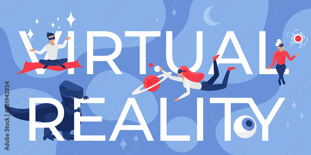 Aufkleber virtual reality lettering vector illustration. cartoon flat futuristic concept with developer user p