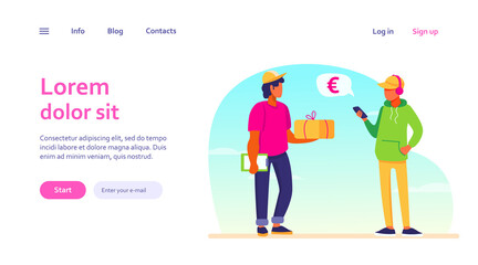 Young man using smartphone app for paying for delivery order. Courier giving parcel to customer flat vector illustration. Mobile payment, service concept for banner, website design or landing web page