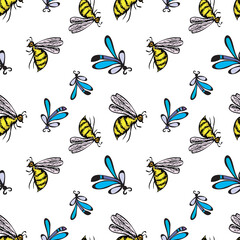 Seamless background cartoon flying bees and dragonflies