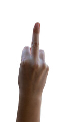 young female hand with middle finger pointing  insulting or showing anger ,isolated on a white background