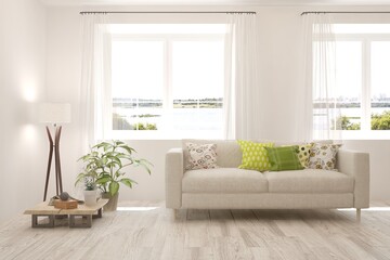 White living room with sofa. Scandinavian interior design. 3D illustration