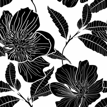 Anemones deisy camomile flower illustration. Black white line seamless pattern.