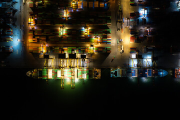 Container , container ship in export and import business and logistics. Shipping cargo to harbor by crane. Water transport International. Aerial view and top view.