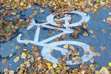 cycle, bicycle, track, cycle path, leaves, dead, fallen leaves, autumn, season, slippery, accident, fall, city, symbol, sign, white, orange, yellow, grey, concrete, close-up, urban, texture, pattern, 