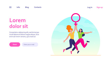 Two girls holding female symbol. Women with venus sign celebrating woman day flat vector illustration. Girl power, empowerment, feminism concept for banner, website design or landing web page