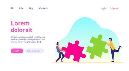 Two people connecting puzzle parts. Colleagues or partners working on solution together flat vector illustration. Teamwork, challenge concept for banner, website design or landing web page
