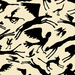 Vector seamless background of silhouettes fantastic creatures