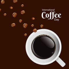 international coffee day poster with coffee cup and seeds air view scene