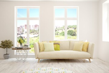 White living room with sofa and summer landscape in window. Scandinavian interior design. 3D illustration