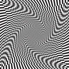 Checkered, chequered, chessboard surface with distortion, deformation effect. Distort, deform squares background, pattern. Ripple, wavy version
